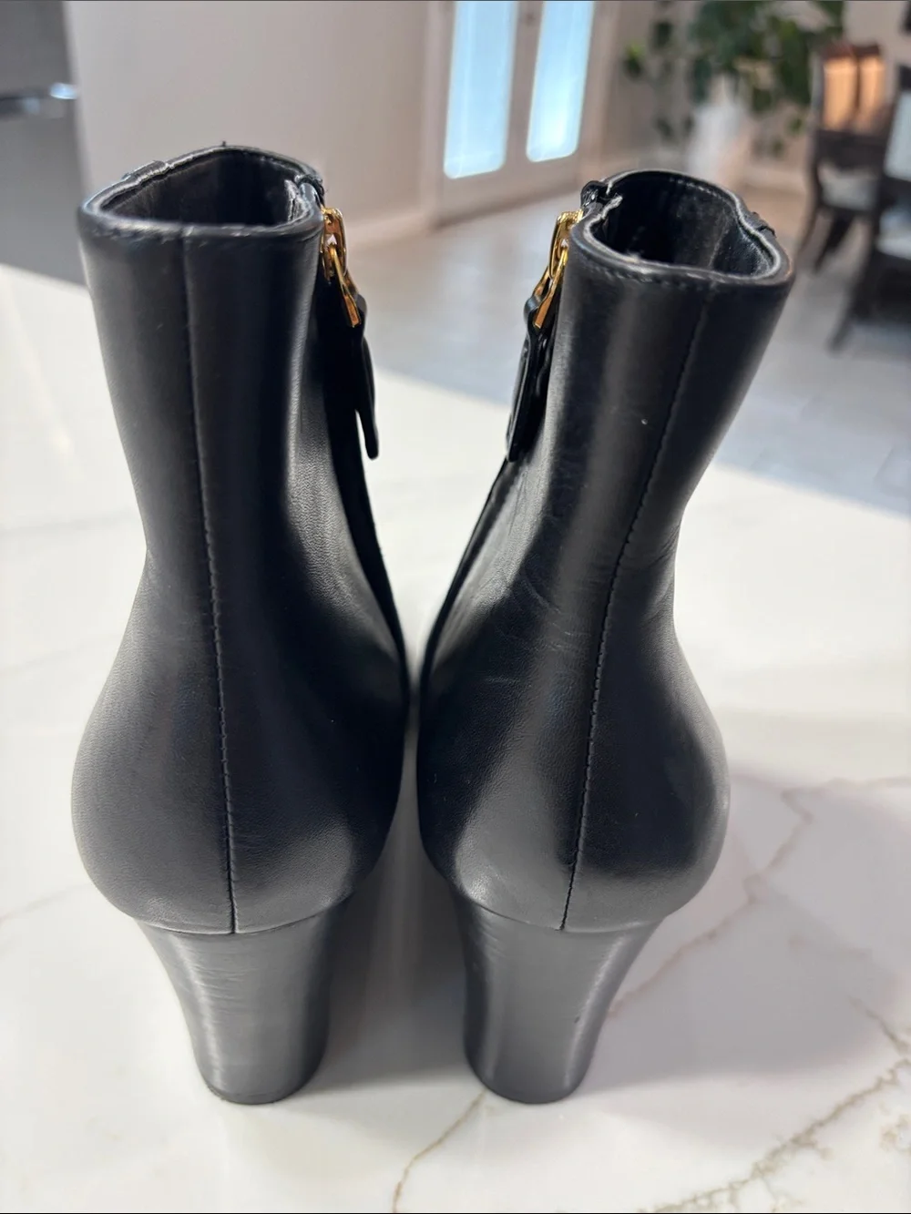 Ralph Lauren Black Leather Wedge Booties with Gold Logo